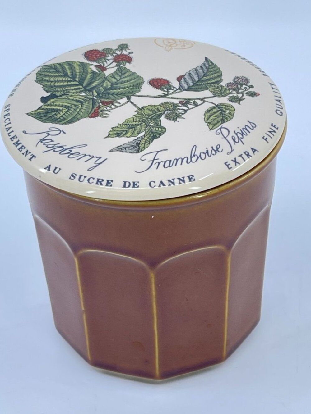 vintage raspberry preserves ceramic jar octagonal shape illustration on lid